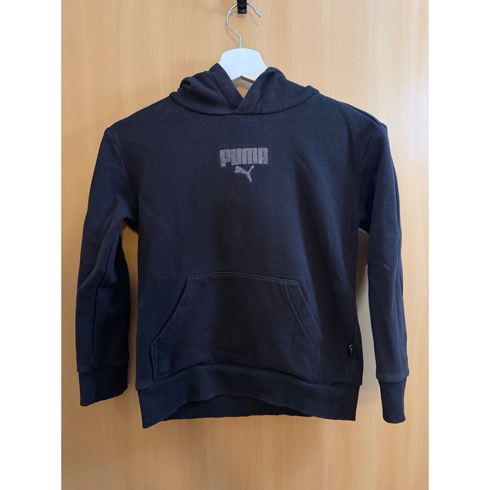 Puma Boys Black Fleece Hoodie Metallic Logo Pullover Size S 7/8